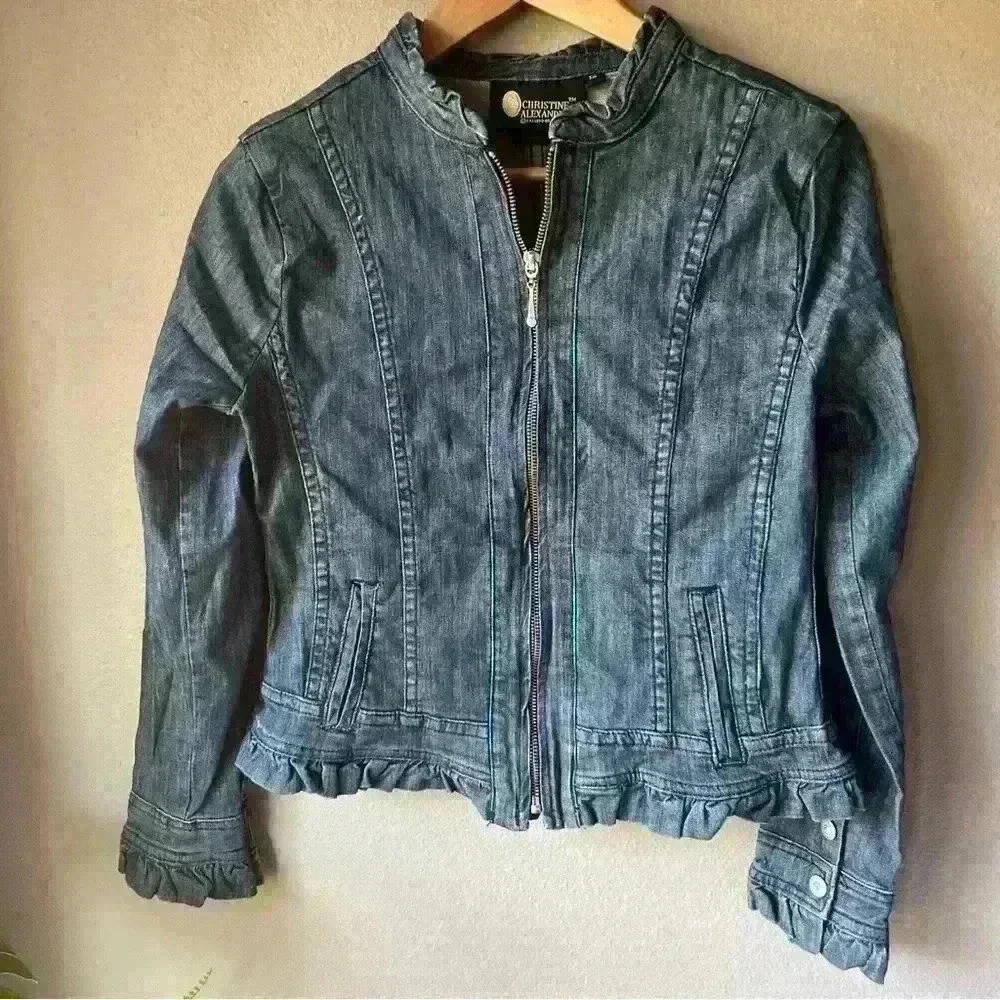 CHRISTINE ALEXANDER Jean Jacket Ruffle Trim Rhinestone Buttons Denim XS